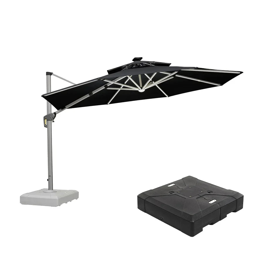 PURPLE LEAF Round Cantilever Umbrella with Base, Outdoor Umbrellas with Lights