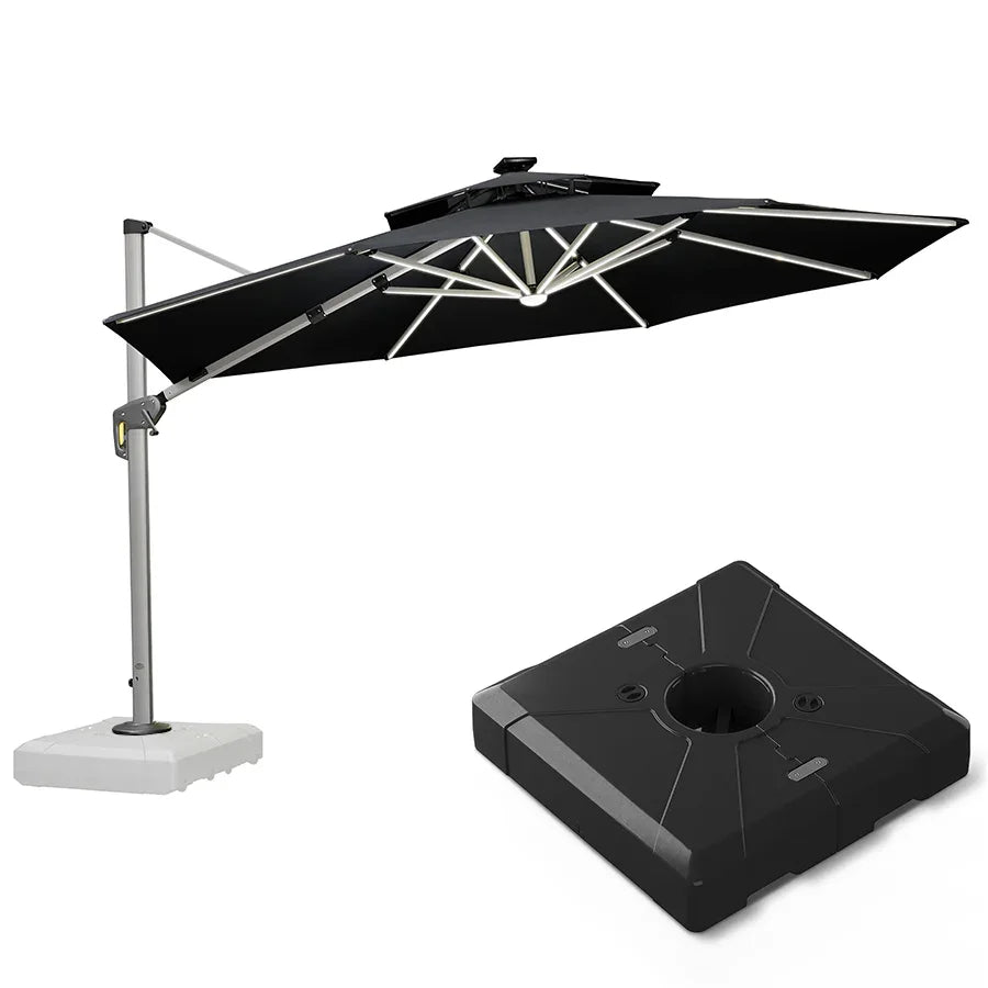PURPLE LEAF Round Cantilever Umbrella with Base, Outdoor Umbrellas with Lights