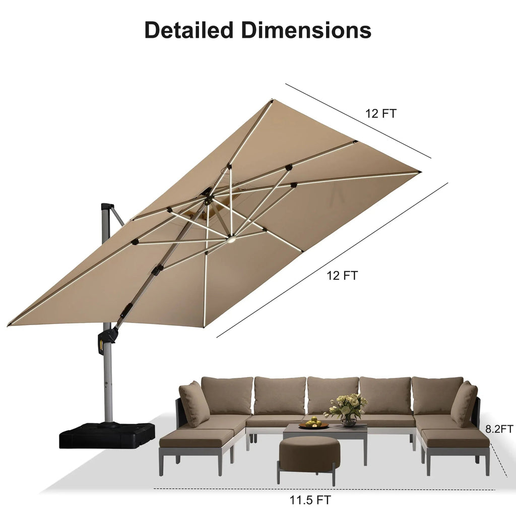 PURPLE LEAF Square Cantilever Umbrella with Base, Outdoor Umbrellas with Lights