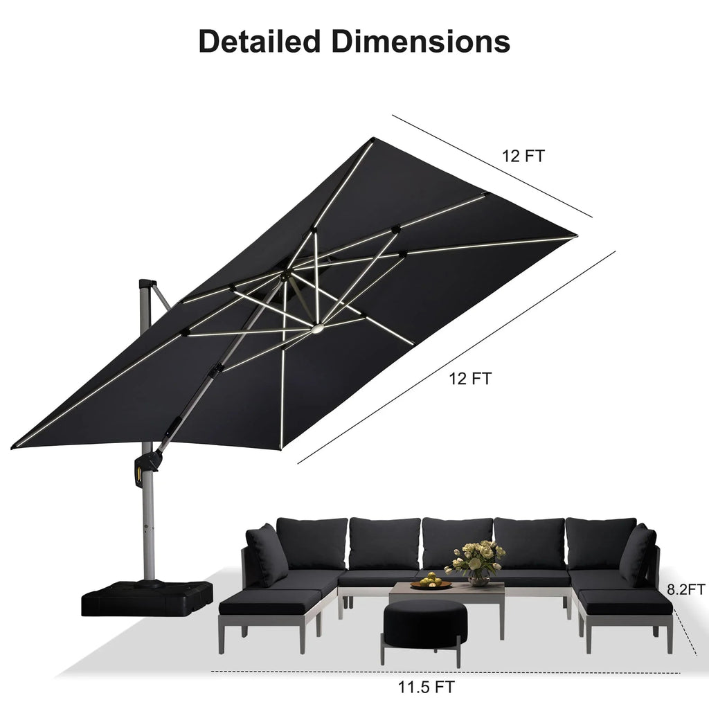 PURPLE LEAF Square Cantilever Umbrella with Base, Outdoor Umbrellas with Lights