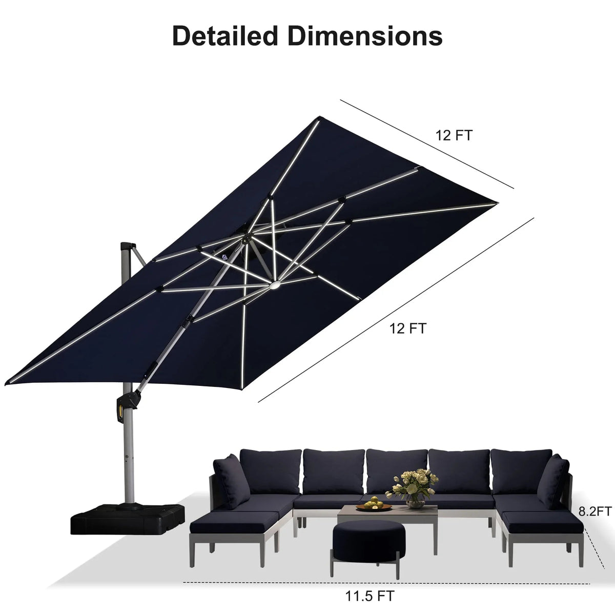 PURPLE LEAF Square Cantilever Umbrella with Base, Outdoor Umbrellas with Lights