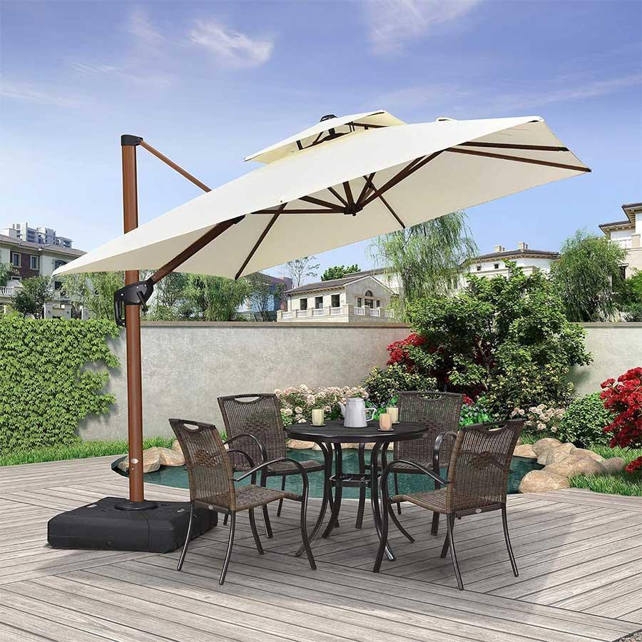 PURPLE LEAF Double Top 9 / 10 / 11 / 12 ft Square Aluminum Sun Umbrellas in Wood Color
