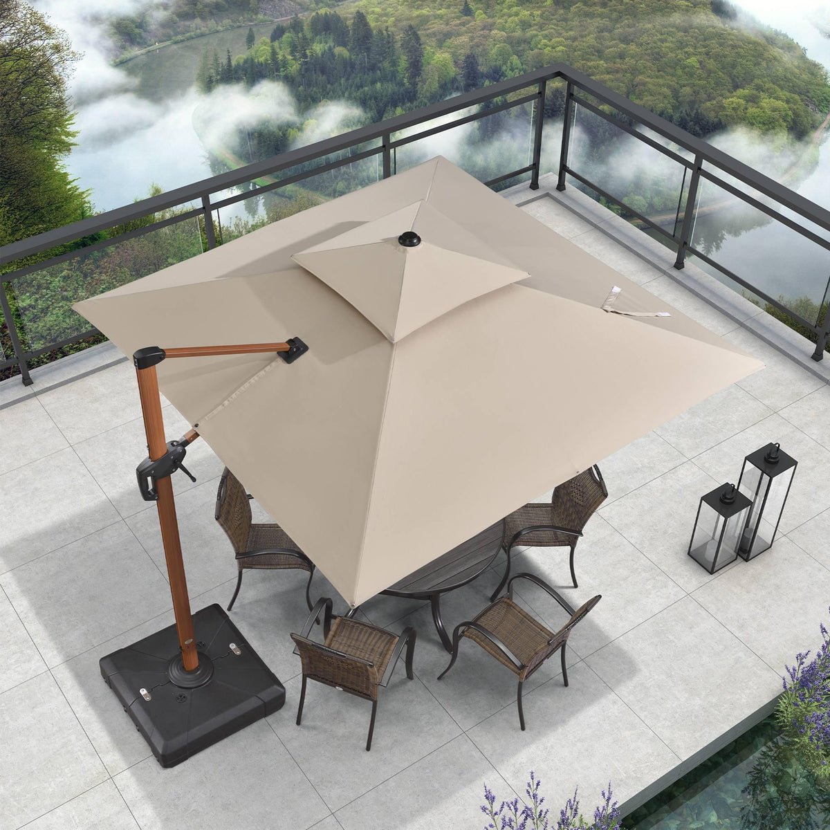 PURPLE LEAF Double Top 9 / 10 / 11 / 12 ft Square Aluminum Sun Umbrellas in Wood Color