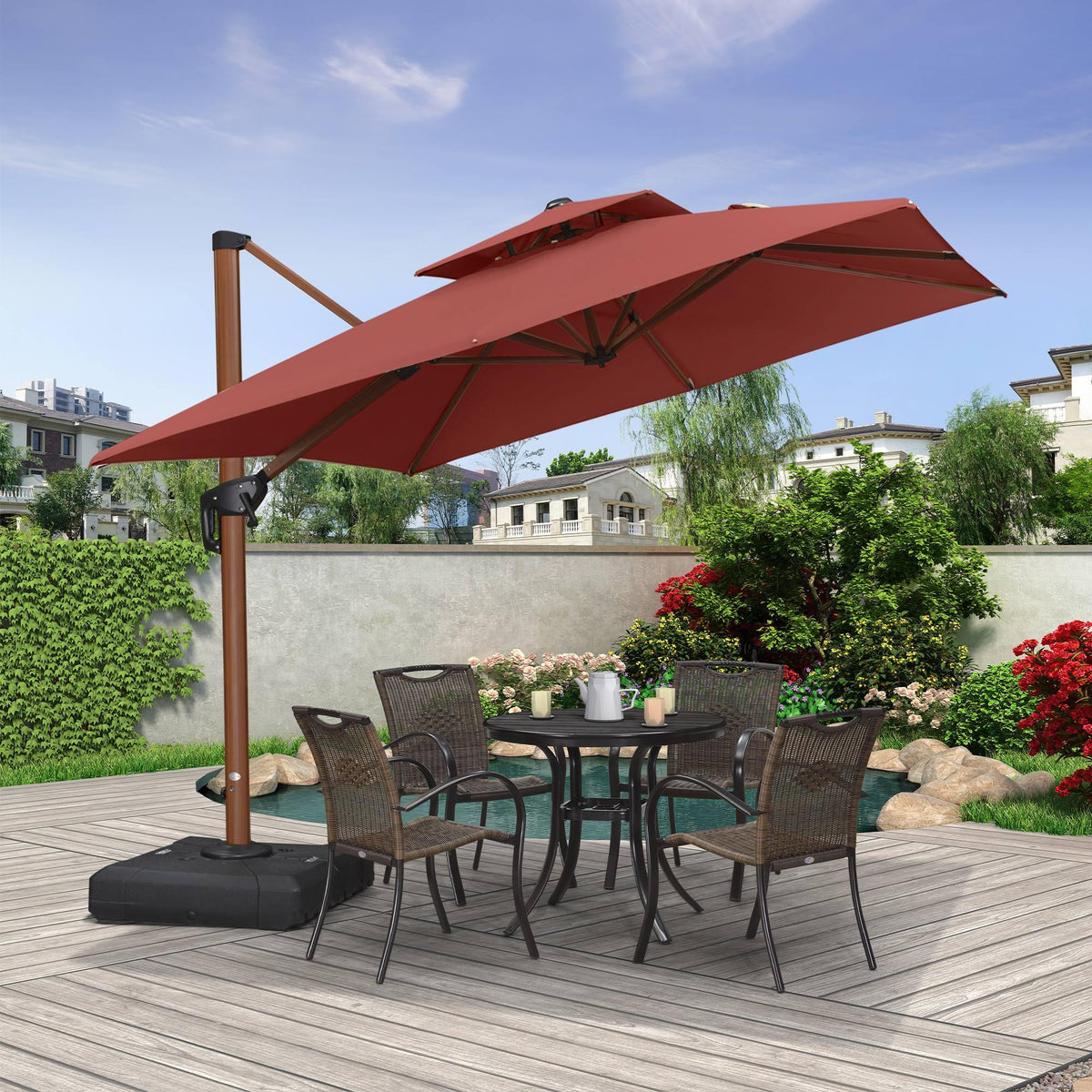 PURPLE LEAF Double Top 9 / 10 / 11 / 12 ft Square Aluminum Sun Umbrellas in Wood Color
