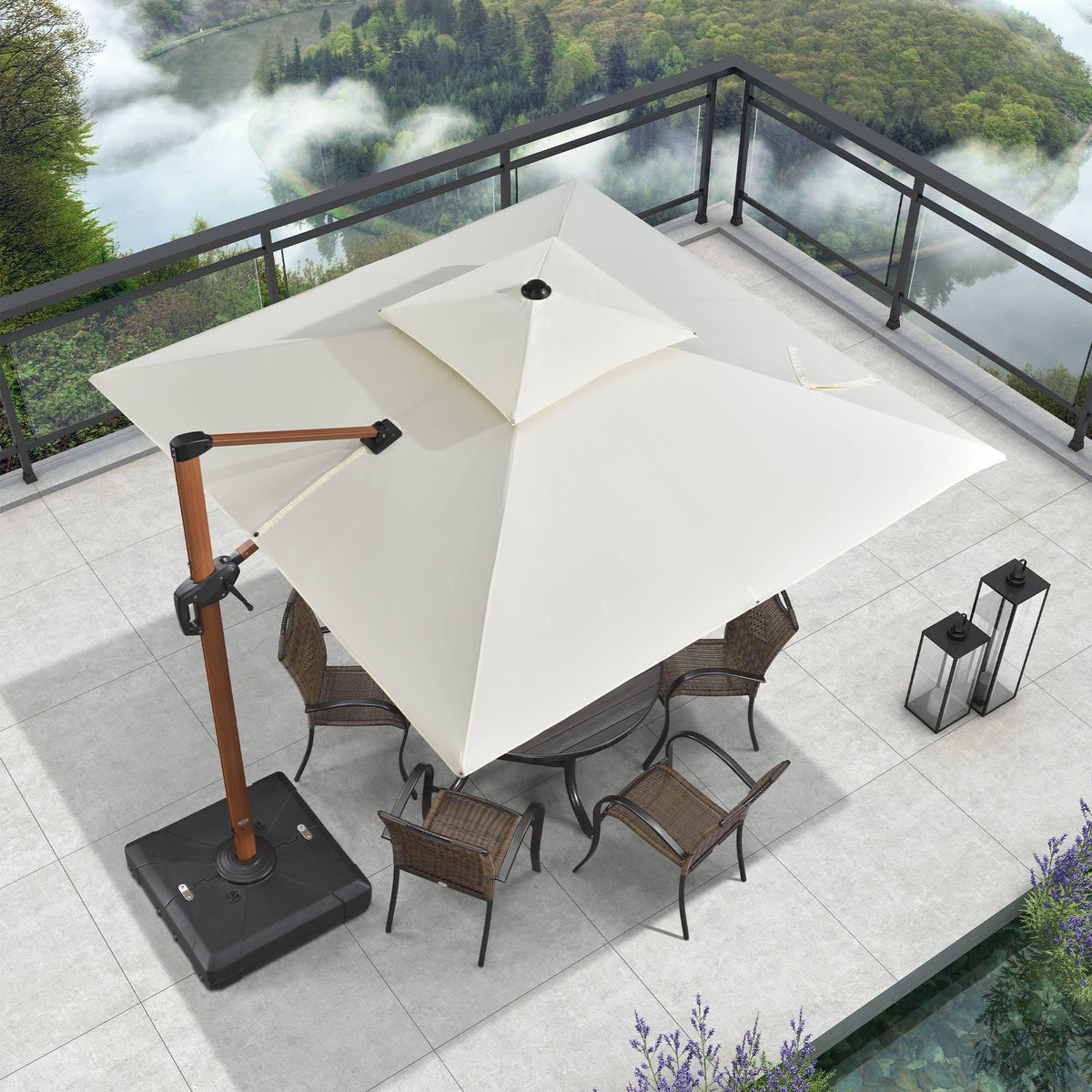 PURPLE LEAF Double Top 9 / 10 / 11 / 12 ft Square Aluminum Sun Umbrellas in Wood Color