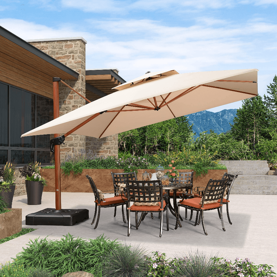 PURPLE LEAF Double Top 9 / 10 / 11 / 12 ft Square Aluminum Sun Umbrellas in Wood Color