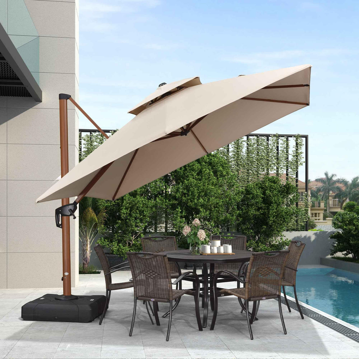 PURPLE LEAF Double Top 9 / 10 / 11 / 12 ft Square Aluminum Sun Umbrellas in Wood Color