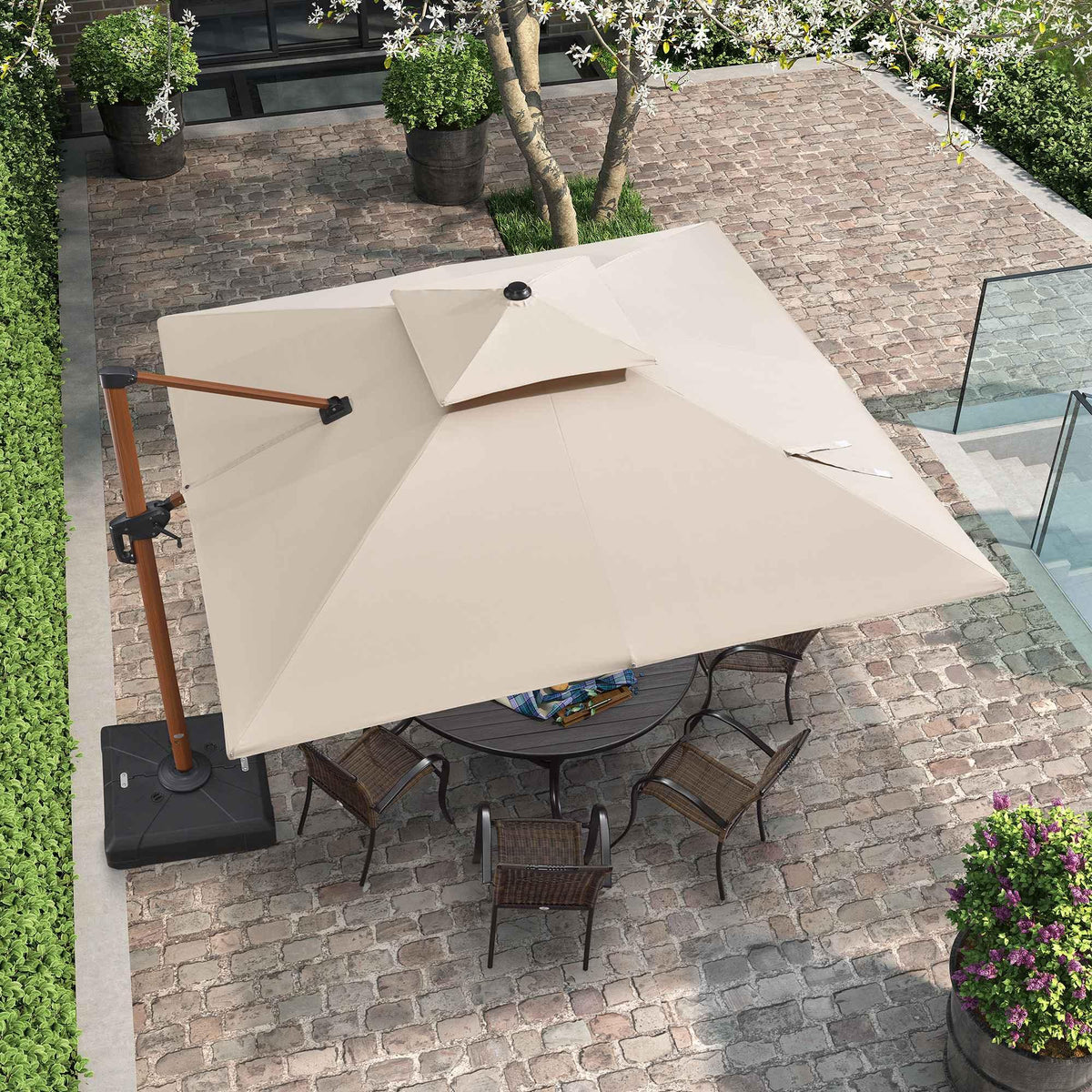 PURPLE LEAF Double Top 9 / 10 / 11 / 12 ft Square Aluminum Sun Umbrellas in Wood Color
