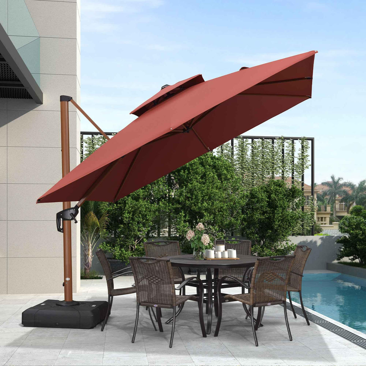 PURPLE LEAF Double Top 9 / 10 / 11 / 12 ft Square Aluminum Sun Umbrellas in Wood Color