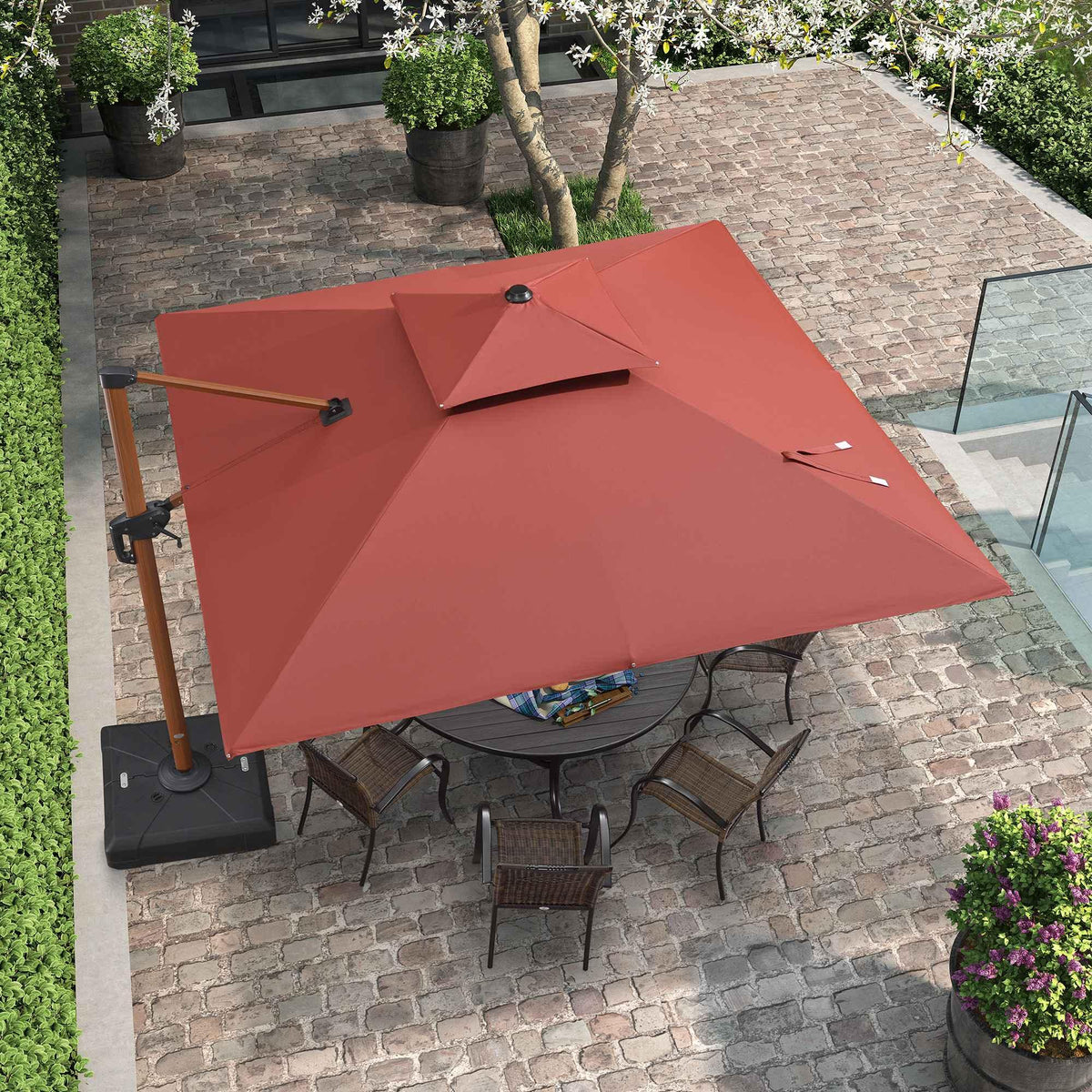 PURPLE LEAF Double Top 9 / 10 / 11 / 12 ft Square Aluminum Sun Umbrellas in Wood Color