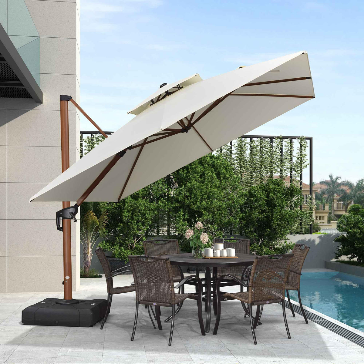 PURPLE LEAF Double Top 9 / 10 / 11 / 12 ft Square Aluminum Sun Umbrellas in Wood Color