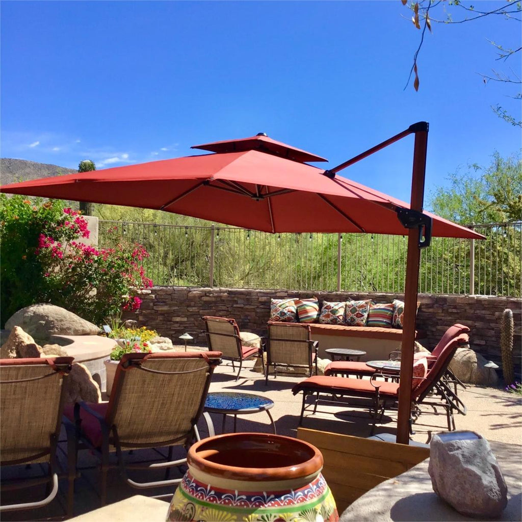 PURPLE LEAF Double Top 9 / 10 / 11 / 12 ft Square Aluminum Sun Umbrellas in Wood Color