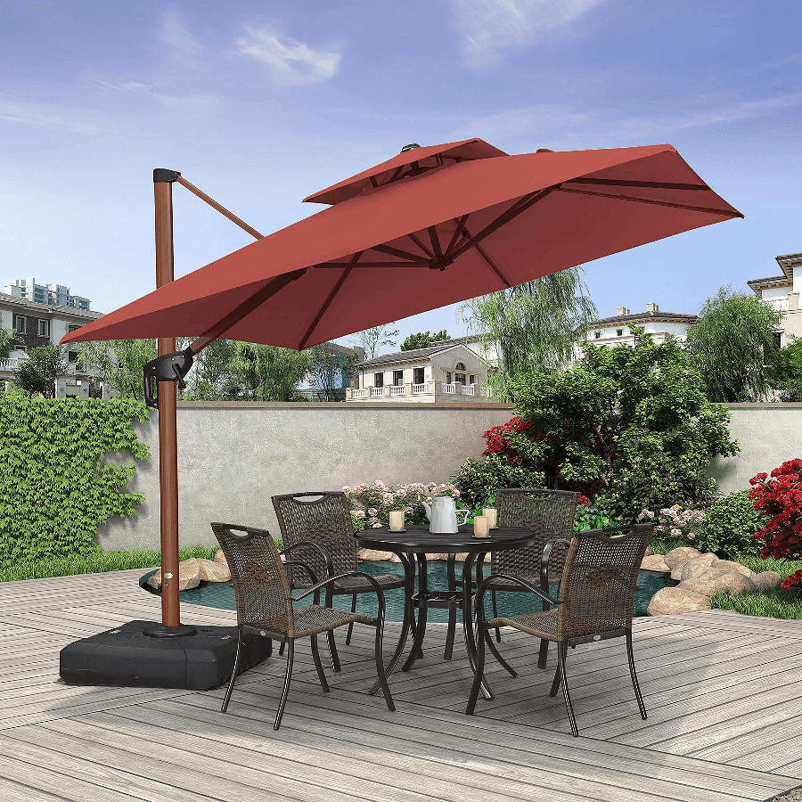 PURPLE LEAF Double Top 9 / 10 / 11 / 12 ft Square Aluminum Sun Umbrellas in Wood Color