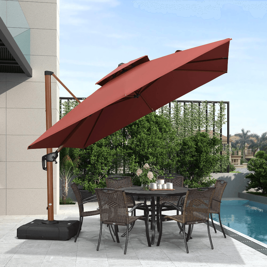PURPLE LEAF Double Top 9 / 10 / 11 / 12 ft Square Aluminum Sun Umbrellas in Wood Color