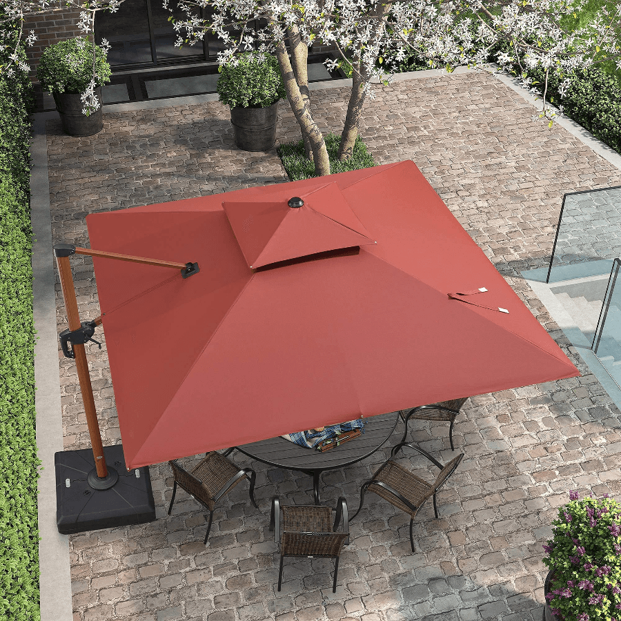 PURPLE LEAF Double Top 9 / 10 / 11 / 12 ft Square Aluminum Sun Umbrellas in Wood Color