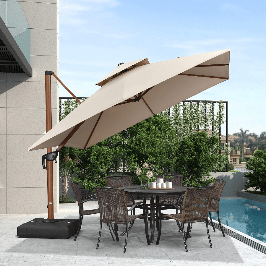 PURPLE LEAF Double Top 9 / 10 / 11 / 12 ft Square Aluminum Sun Umbrellas in Wood Color