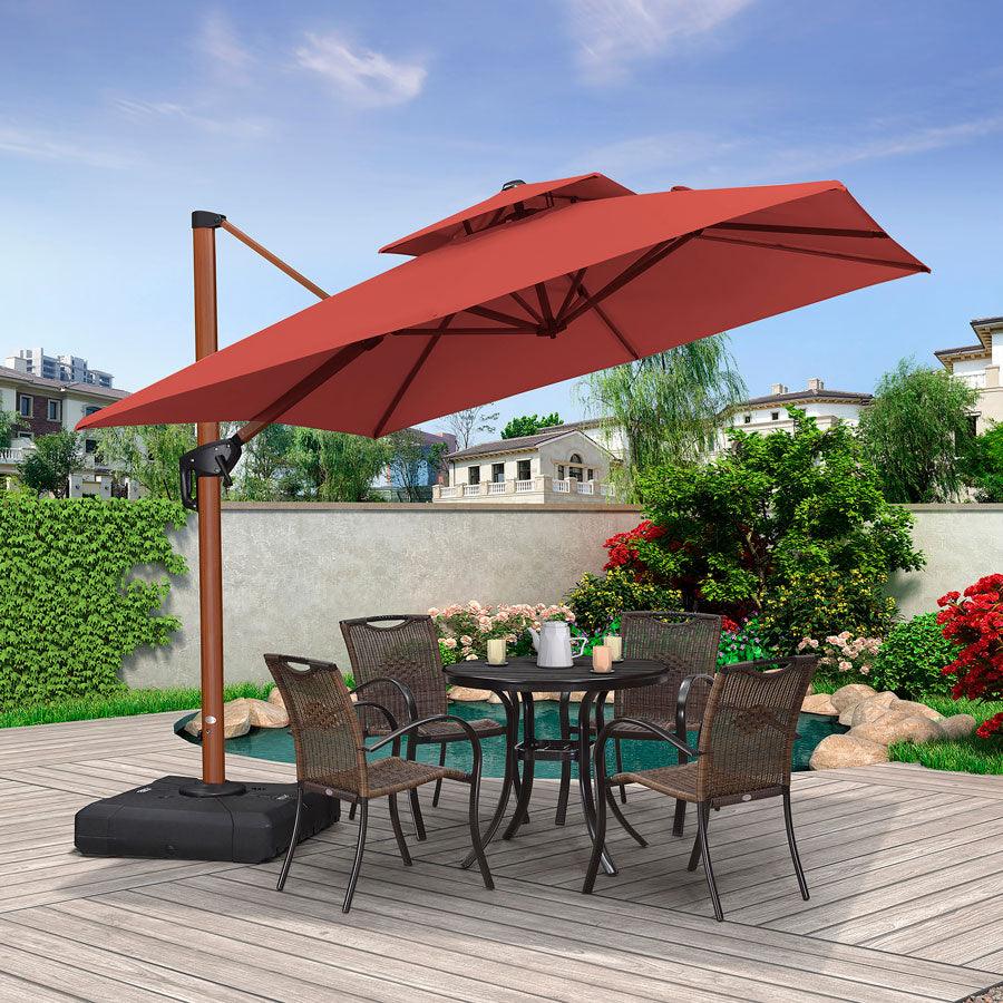 PURPLE LEAF Double Top 9 / 10 / 11 / 12 ft Square Aluminum Sun Umbrellas in Wood Color