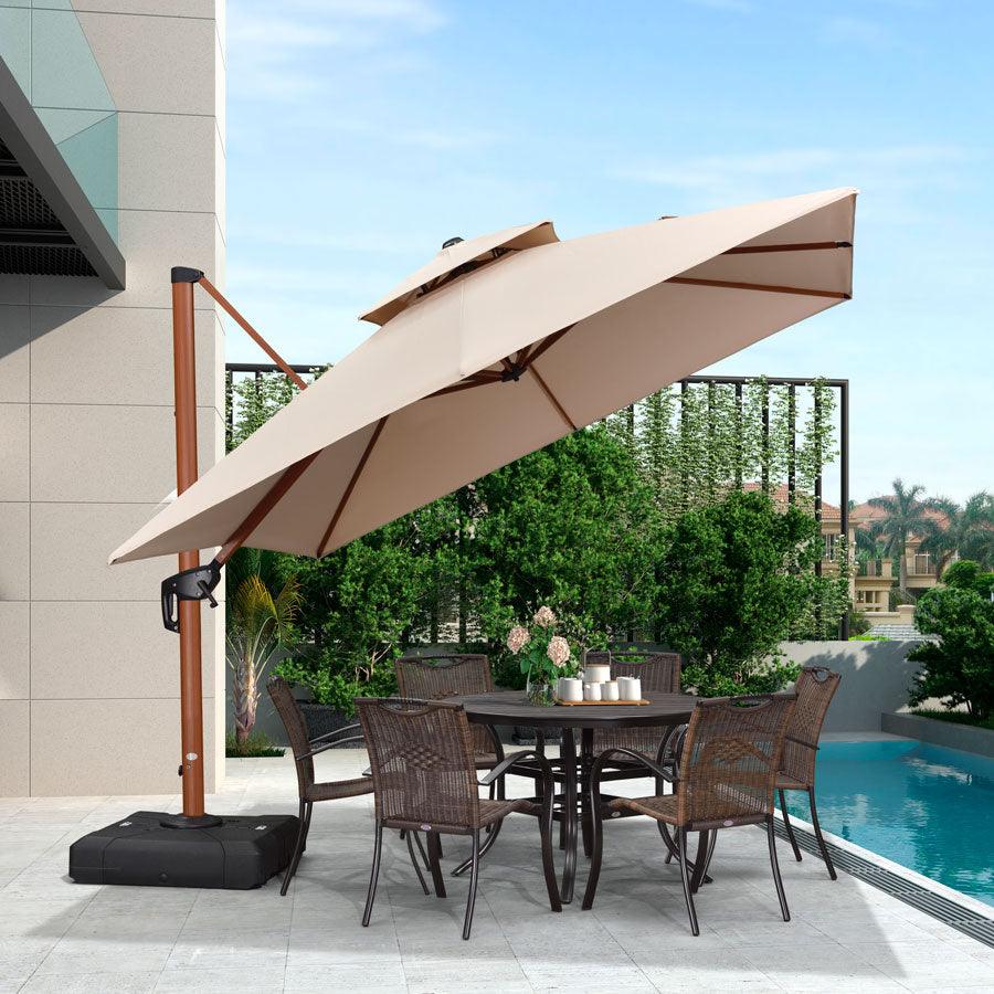 PURPLE LEAF Double Top 9 / 10 / 11 / 12 ft Square Aluminum Sun Umbrellas in Wood Color