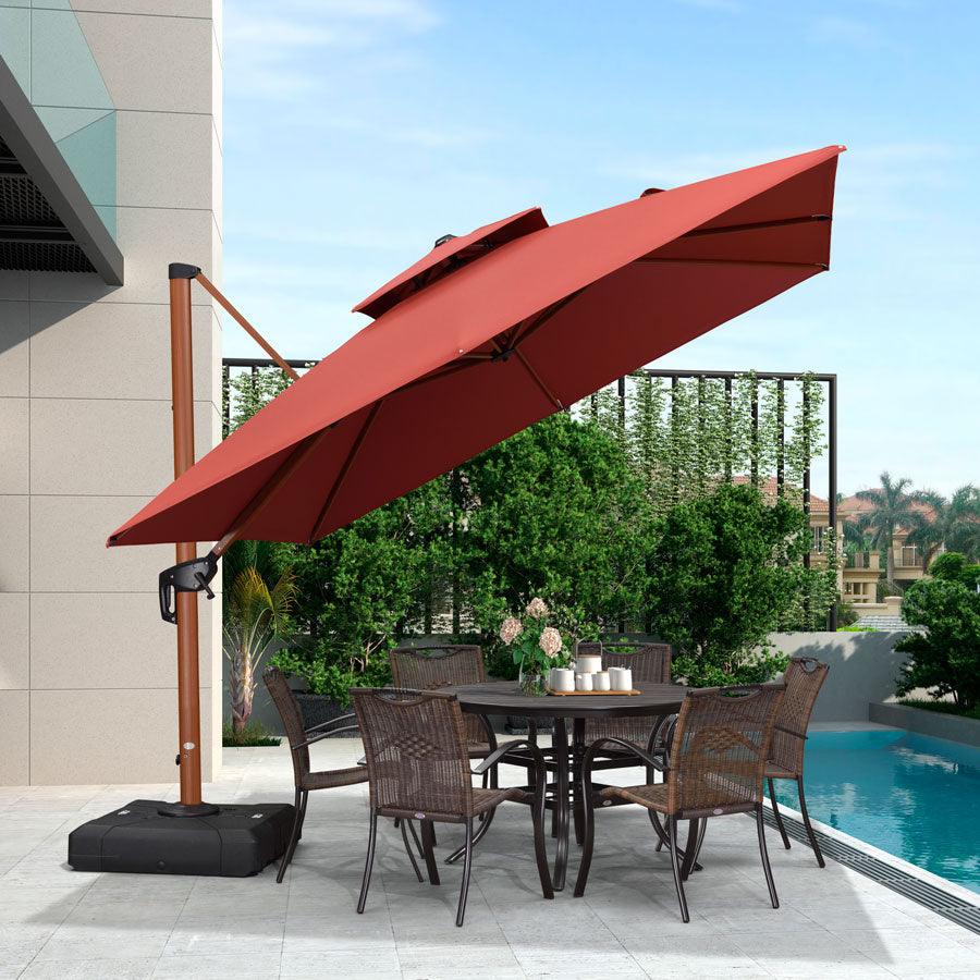 PURPLE LEAF Double Top 9 / 10 / 11 / 12 ft Square Aluminum Sun Umbrellas in Wood Color