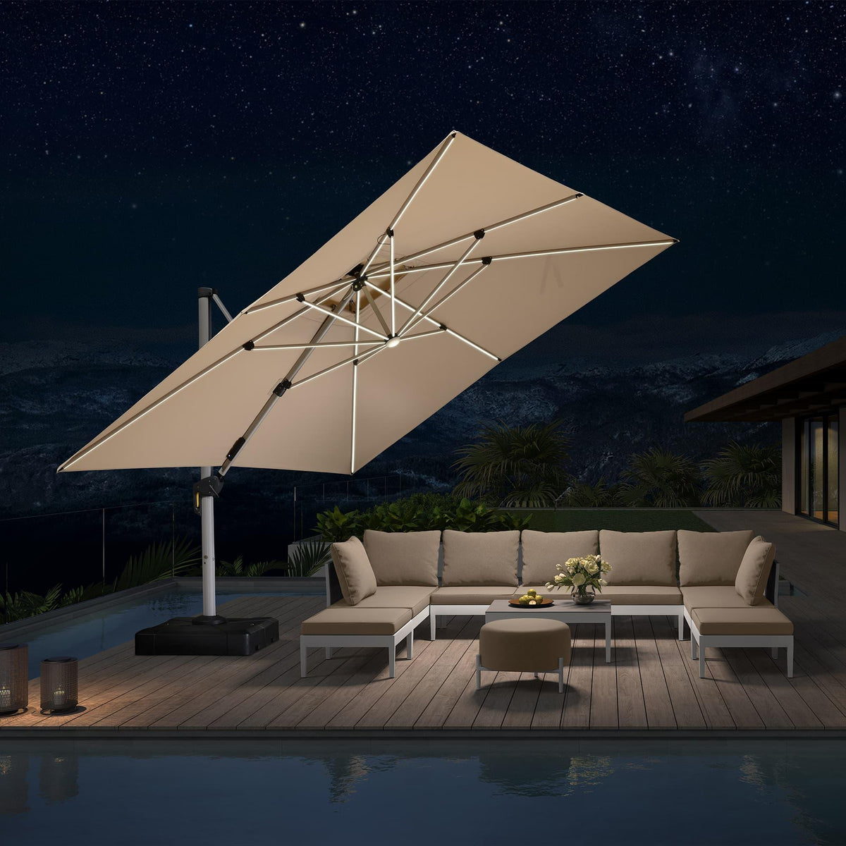 PURPLE LEAF Large Solar Yard Umbrellas Double Top Square Patio Umbrella with Lights