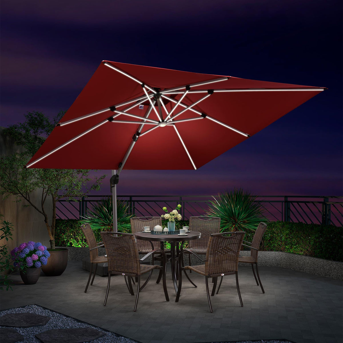 PURPLE LEAF Large Solar Yard Umbrellas Double Top Square Patio Umbrella with Lights