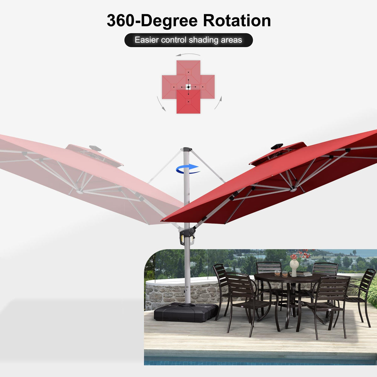 PURPLE LEAF Large Solar Yard Umbrellas Double Top Square Patio Umbrella with Lights