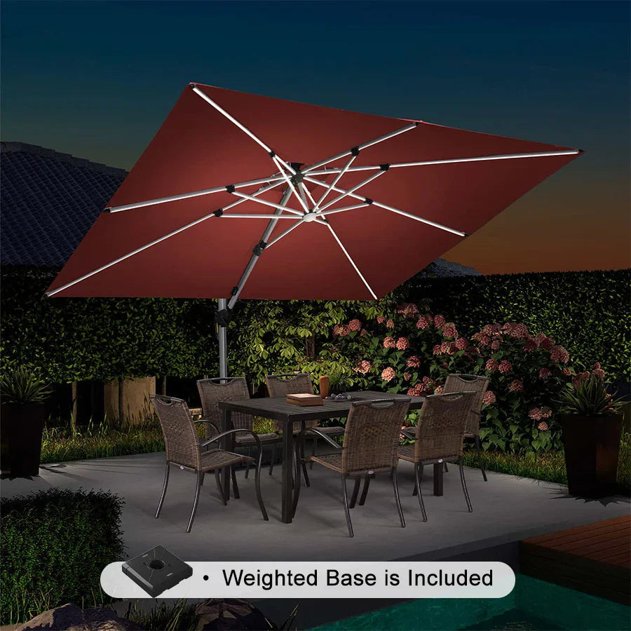 PURPLE LEAF Rectangular Cantilever Umbrella with Base, Outdoor Umbrellas with Lights