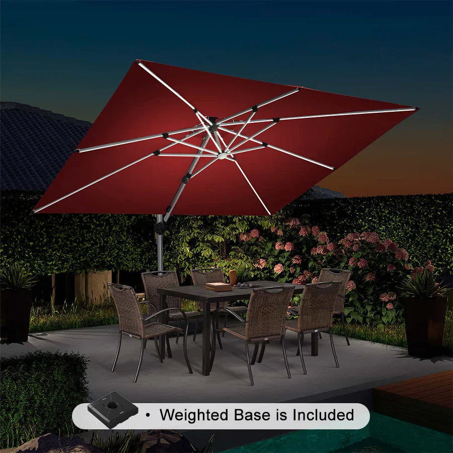 PURPLE LEAF Rectangular Cantilever Umbrella with Base, Outdoor Umbrellas with Lights