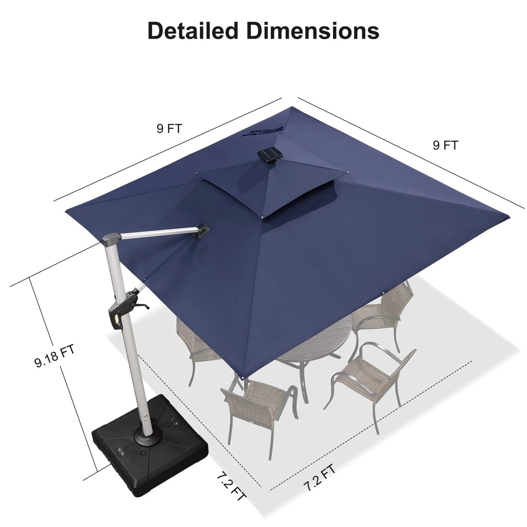 PURPLE LEAF Square Cantilever Umbrella with Base, Outdoor Umbrellas with Lights