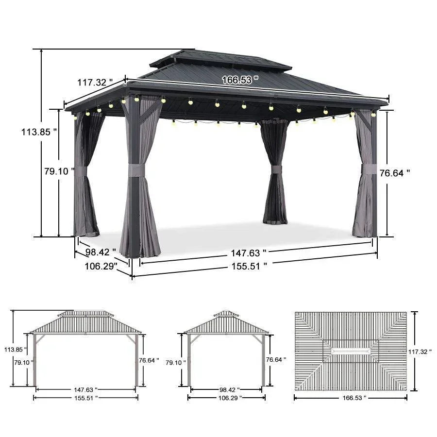 PURPLE LEAF Grey Hardtop Gazebo with Heavy Duty Galvanized Steel Double Roof with String Lights-clear