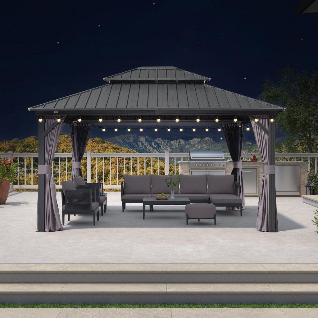 PURPLE LEAF Grey Hardtop Gazebo with Heavy Duty Galvanized Steel Double Roof with String Lights-clear