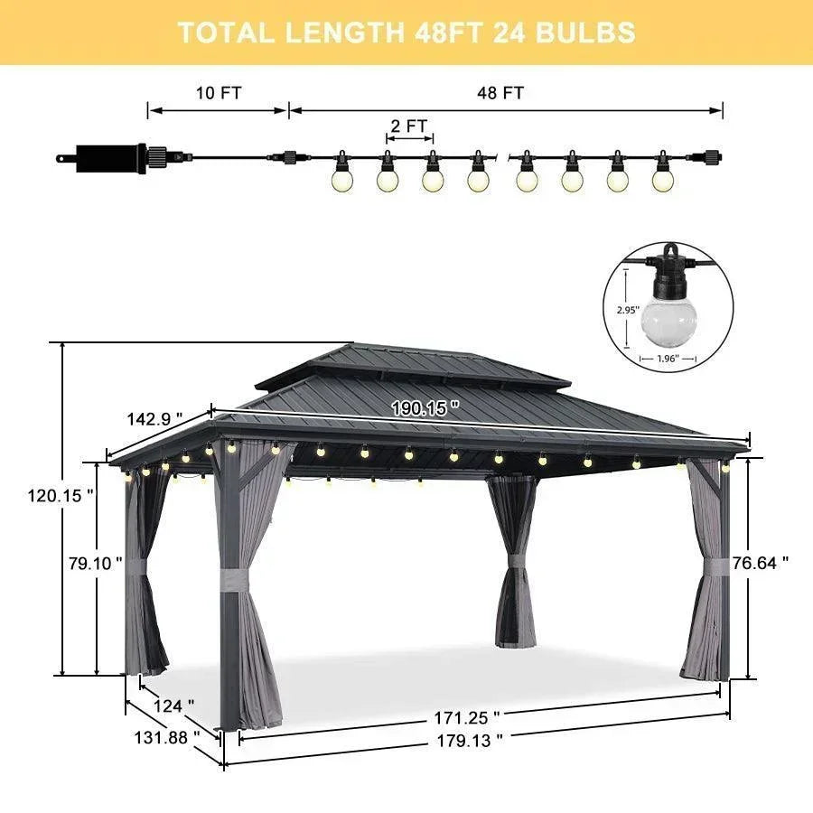 PURPLE LEAF Grey Hardtop Gazebo with Heavy Duty Galvanized Steel Double Roof with String Lights-clear