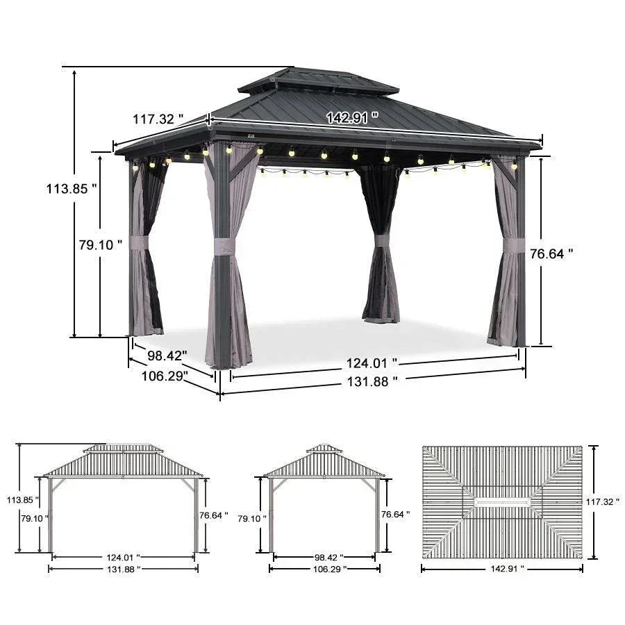 PURPLE LEAF Grey Hardtop Gazebo with Heavy Duty Galvanized Steel Double Roof with String Lights-clear