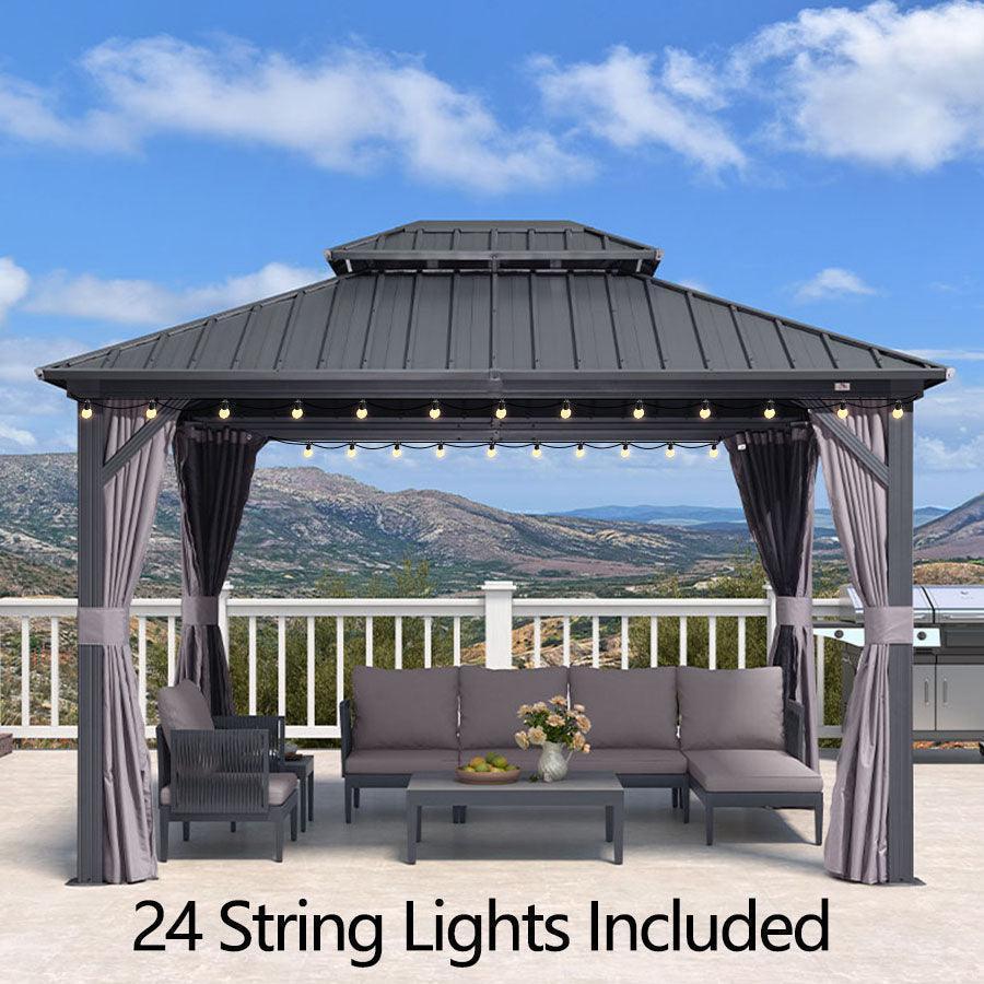 PURPLE LEAF Grey Hardtop Gazebo with Heavy Duty Galvanized Steel Double Roof with String Lights-clear