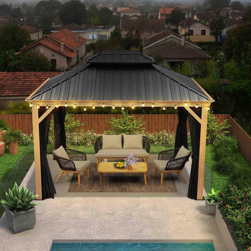 PURPLE LEAF Hardtop Gazebo for Patio Wood Grain Aluminum Frame Awning with String Lights-milky