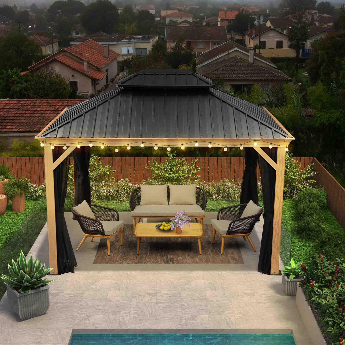 PURPLE LEAF Hardtop Gazebo for Patio Wood Grain Aluminum Frame Awning with String Lights-milky