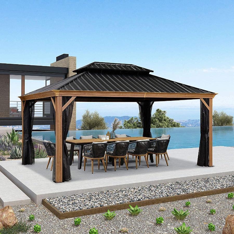 PURPLE LEAF Hardtop Gazebo for Patio Wood Grain Aluminum Frame Awning with Netting