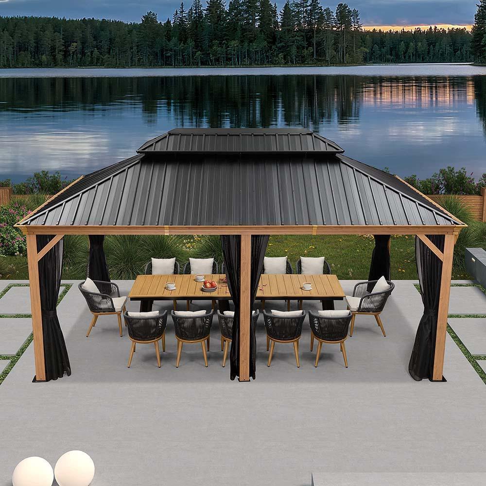 PURPLE LEAF Hardtop Gazebo for Patio Wood Grain Aluminum Frame Awning with Netting