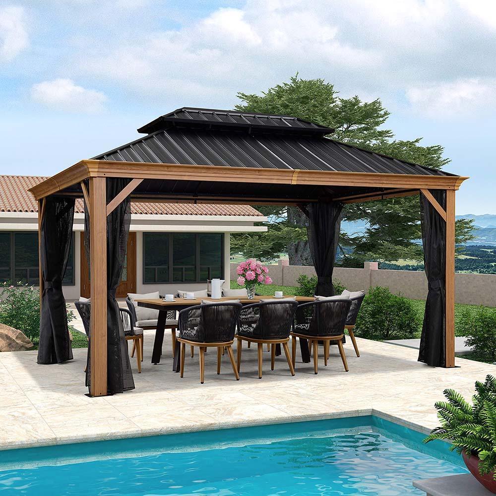 PURPLE LEAF Hardtop Gazebo for Patio Wood Grain Aluminum Frame Awning with Netting