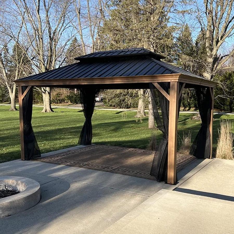 PURPLE LEAF Hardtop Gazebo for Patio Wood Grain Aluminum Frame Awning with Netting