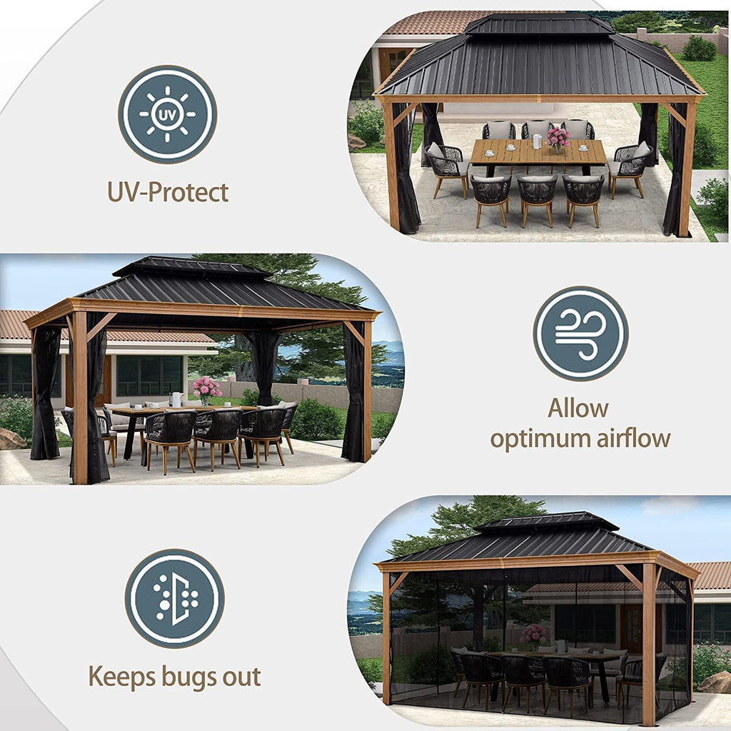 PURPLE LEAF Hardtop Gazebo for Patio Wood Grain Aluminum Frame Awning with Netting