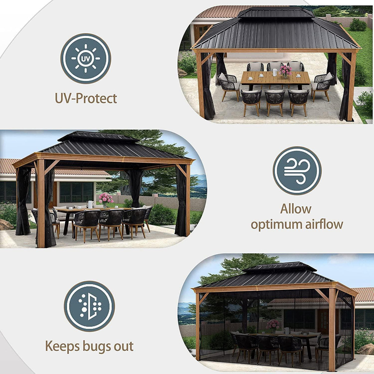 PURPLE LEAF Hardtop Gazebo for Patio Wood Grain Aluminum Frame Awning with Netting
