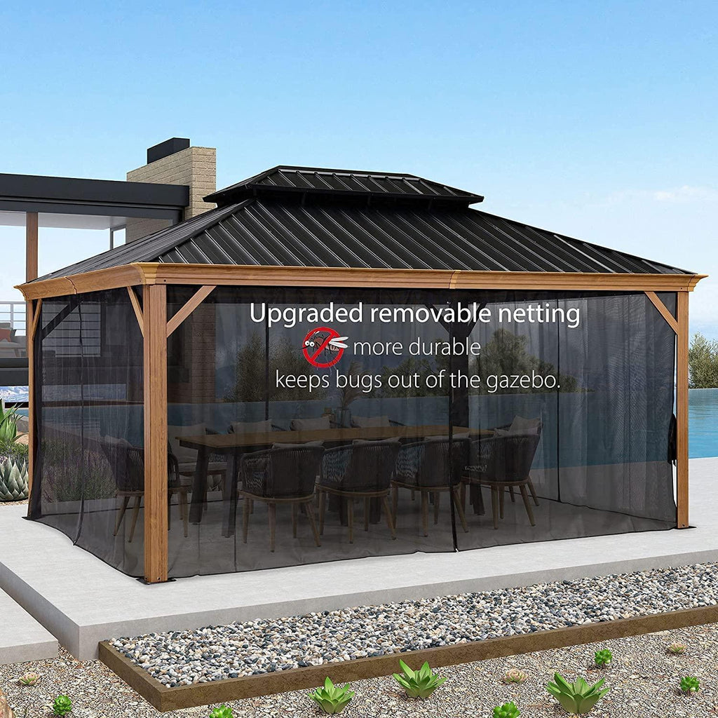 PURPLE LEAF Hardtop Gazebo for Patio Wood Grain Aluminum Frame Awning with Netting