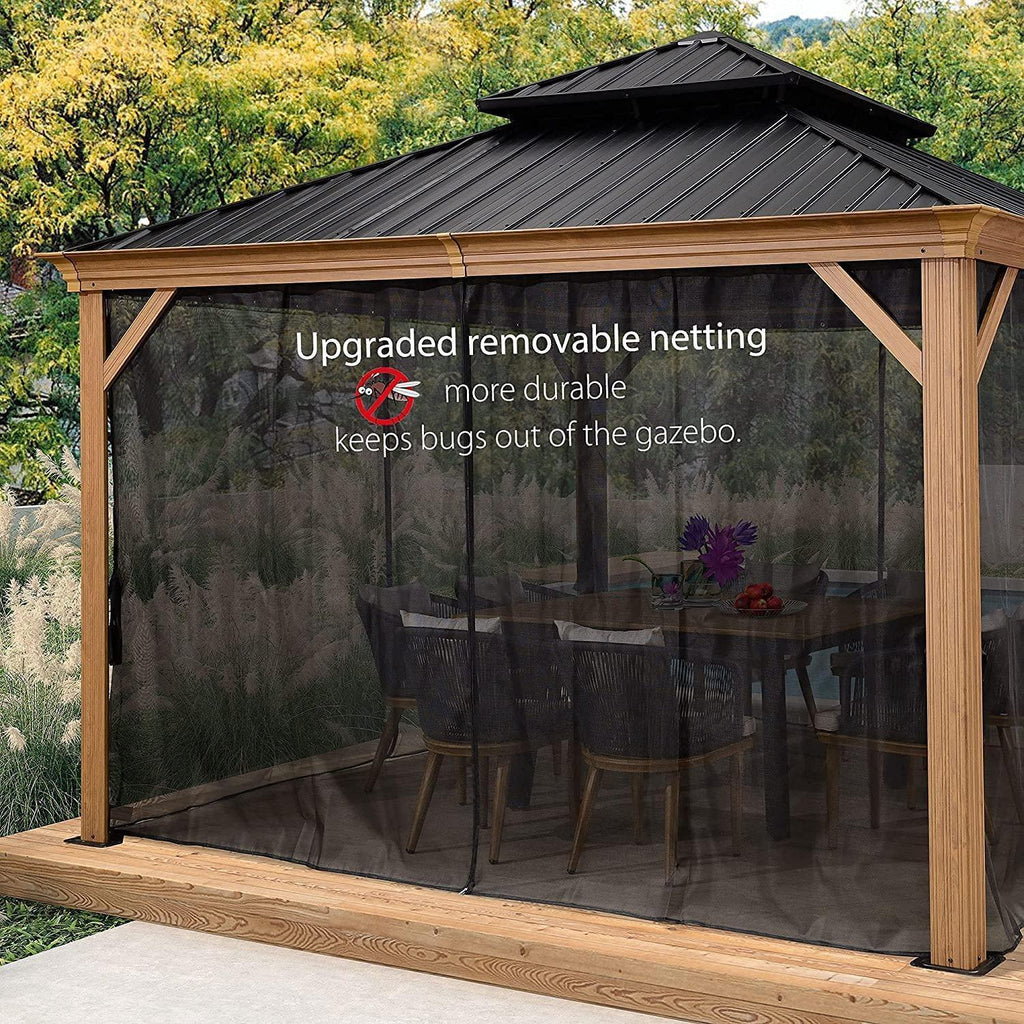 PURPLE LEAF Hardtop Gazebo for Patio Wood Grain Aluminum Frame Awning with Netting