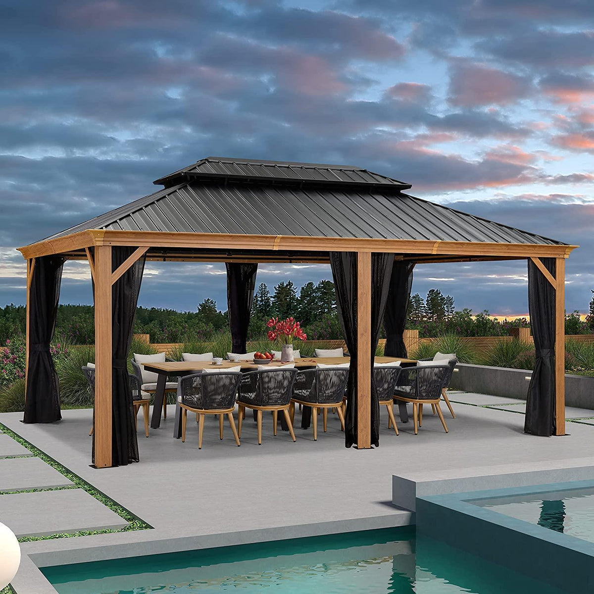 PURPLE LEAF Hardtop Gazebo for Patio Wood Grain Aluminum Frame Awning with Netting