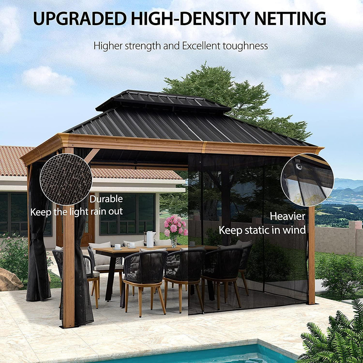 PURPLE LEAF Hardtop Gazebo for Patio Wood Grain Aluminum Frame Awning with Netting