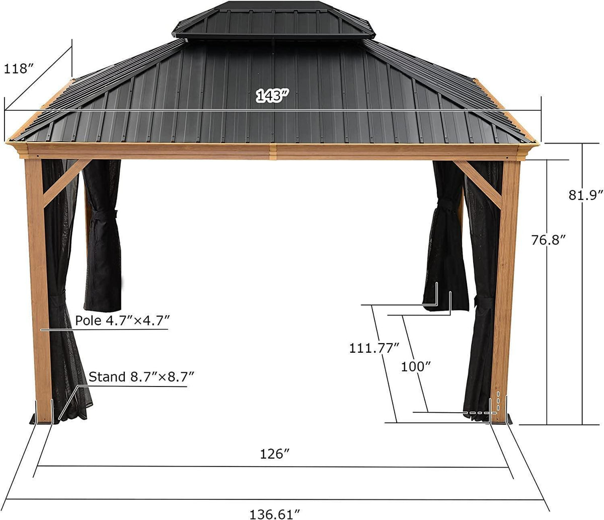 PURPLE LEAF Hardtop Gazebo for Patio Wood Grain Aluminum Frame Awning with Netting