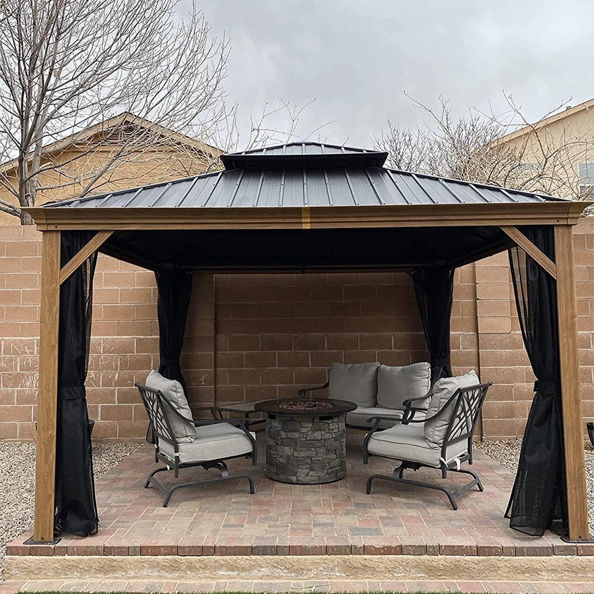 PURPLE LEAF Hardtop Gazebo for Patio Wood Grain Aluminum Frame Awning with Netting