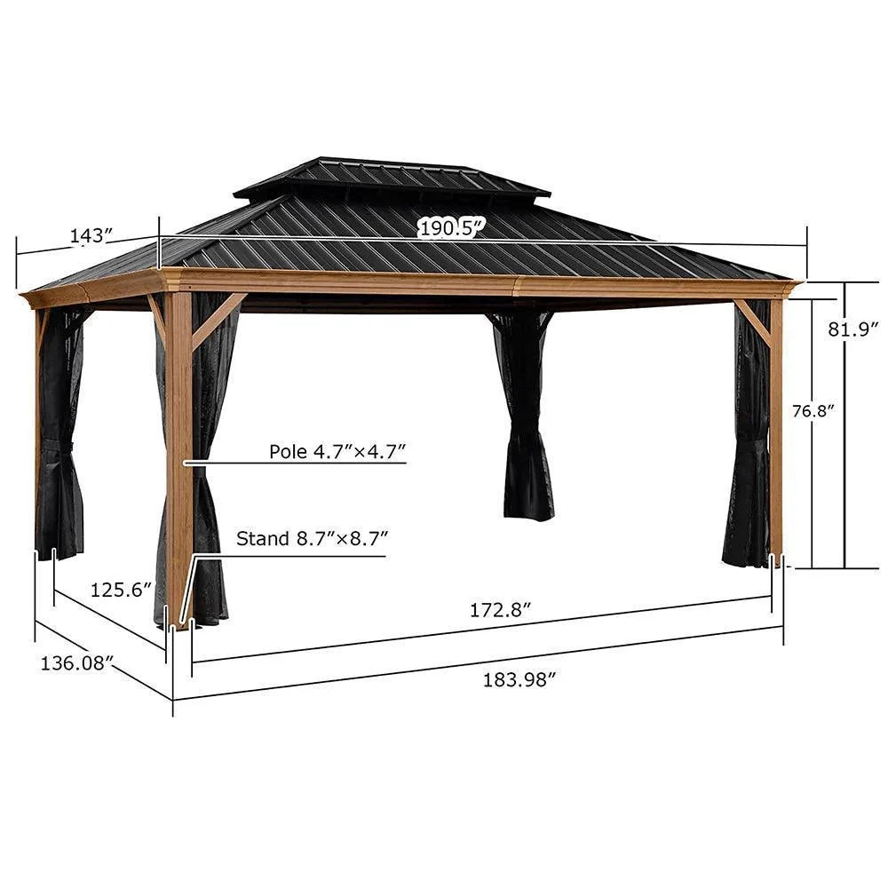 PURPLE LEAF Hardtop Gazebo for Patio Wood Grain Aluminum Frame Awning with Netting