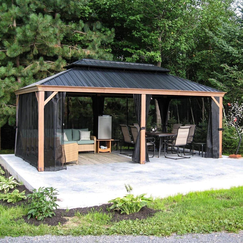 PURPLE LEAF Hardtop Gazebo for Patio Wood Grain Aluminum Frame Awning with Netting